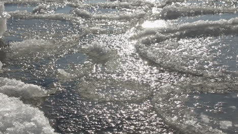 Sparkling-sun-reflects-off-closeup-ice-pans-floating-in-northern-ocean