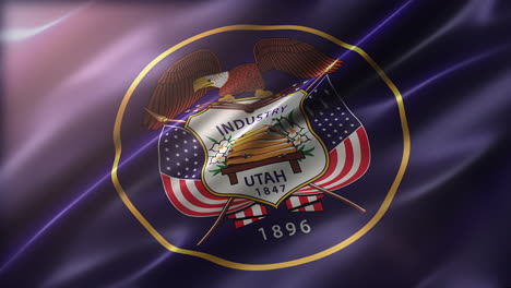 Bandera-De-Utah,-Vista-En-Perspectiva,-ángulo-Alto,-Brillante,-Textura-Sedosa-Elegante,-Ondeando-En-El-Viento,-Apariencia-De-Película,-Animación-Realista-De-4k-Cg,-Aleteo-En-Cámara-Lenta,-Capacidad-De-Bucle-Sin-Interrupciones