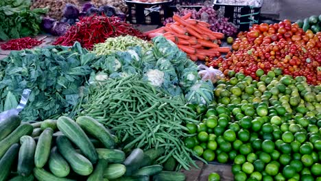 Close-up-4K-footage-showcases-a-diverse-array-of-vegetables-–-cucumbers,-tomatoes,-carrots,-cauliflower,-chilis,-and-more-–-beautifully-displayed-at-Dao-Hueang-Market-in-Pakse