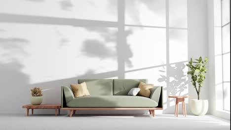 Modernes-Wohnzimmer-In-Einer-Wohnung-Mit-Couch-Und-Schattenwolken-An-Der-Grauen-Wand-Durch-Sanfte-Sommerwindbrise,-Rendering-Animationsarchitektur-Innendesignkonzept