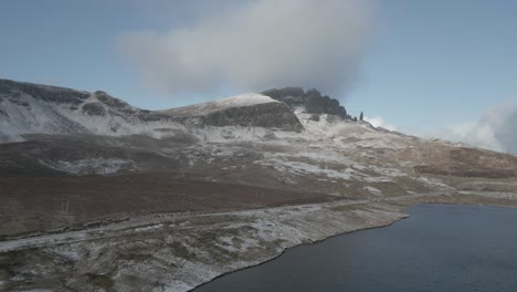 Seeufer-Von-Loch-Leathan-Mit-Old-Man-Of-Storr-Im-Hintergrund,-Isle-Of-Skye-Im-Winter,-Schottland