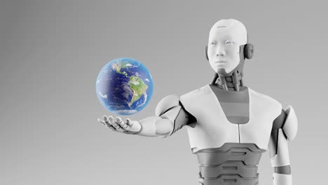 Inteligencia-Artificial-Asumiendo-El-Concepto,-Robot-Cyborg-Humanoide-Sosteniendo-El-Planeta-Tierra-Sobre-Su-Palma-En-Animación-De-Representación-3d