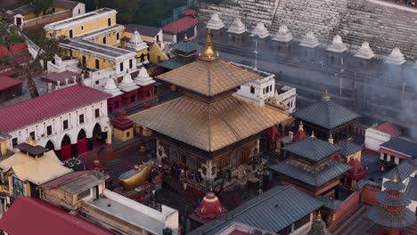 Close-up-shot-of-UNESCO-World-Heritage-Site-Pashupati-Nath-Temple-at-Kathmandu-Nepal-Drone-shot