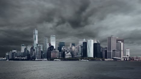 City-skyline-with-ocean-in-view-on-a-gray-and-cloudy-day