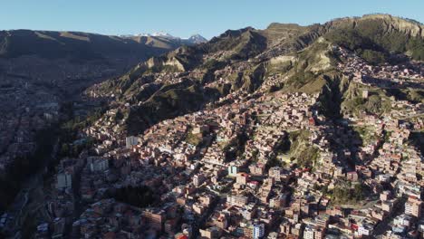Aerial-rotates-above-La-Paz-mountain-skyline-in-high-Andes-of-Bolivia