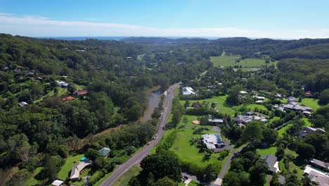 Community-In-Scenic-Landscape,-Currumbin-Valley,-Gold-Coast,-QLD,-Australia---Aerial-Drone-Shot