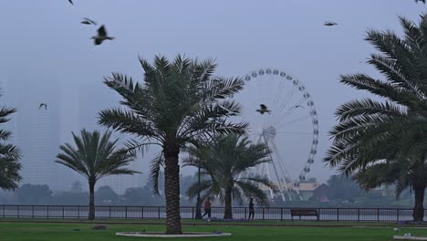 On-February-24,-2024,-residents-take-a-walk-on-a-misty-winter-morning-along-the-coastline-of-Sharjah-in-the-United-Arab-Emirates