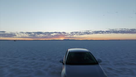 Drone-flying-at-low-altitude-over-car-in-Bonneville-Salt-Flats-at-sunset,-Utah
