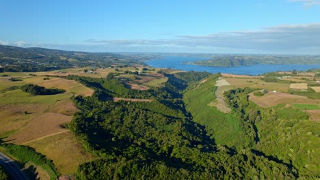 Luftpanoramalandschaft-Von-Chiloé,-Grüne-Felder-Der-Insel-Lemuy-In-Der-Chilenischen-Patagonien-Drohnenskyline,-Blauer-Morgen-In-Südamerika,-Tageslicht