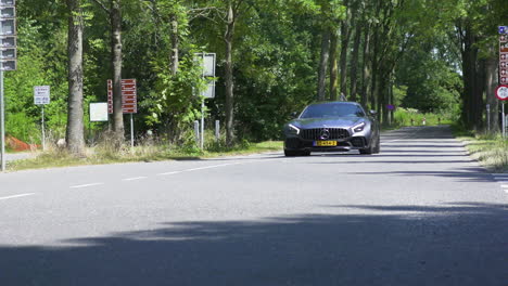 Slow-motion-of-a-luxury-sports-car-driving-past-between-beautiful-green-trees