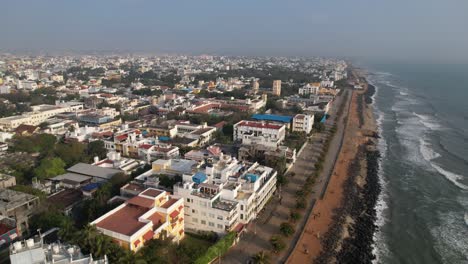 An-aerial-video-showing-historic-structures-in-one-of-the-oldest-French-colonies,-Bharathi-Park-Puducherry,-also-referred-to-as-Pondycherry