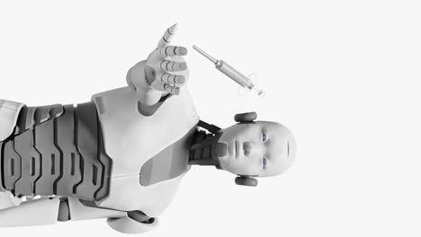 Artificial-intelligence-taking-over-on-medical-hospital-task,-robot-prototype-cyborg-holding-a-syringe-in-palm-hand-vertical-3d-rendering-animation