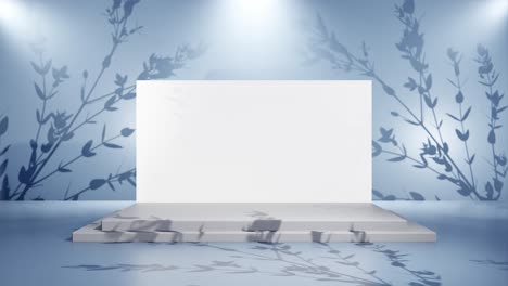 Bühnenmodell-Mit-Lichtern-Und-Leerem-Weißen-Bildschirm-Auf-Blauem-Hintergrund-Mit-Schatten-Von-Zweigen