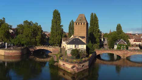 Panoramic-View-of-Ponts-Couverts-Tower-in-La-Petite-France-on-Cozy-Sunny-Evening