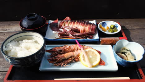 Close-up-a-set-of-Japanese-meals-with-squid-and-shrimp