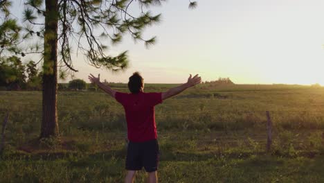 Relaxed-man-opening-his-arms-and-contemplating-nature-at-sunset