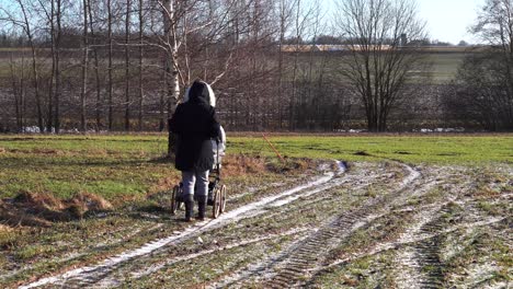 Woman-walk-with-baby-carriage-near-agricultural-field,-sunny-spring-weather