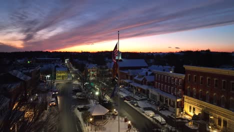 Snow-covered-American-town-during-sunset