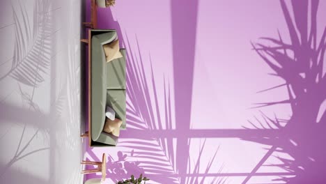 Modern-apartment-living-room-shadows-of-plant-moving-on-pink-wall-by-gently-summer-wind-breeze-rendering-animation-Architecture-interior-design-concept