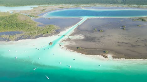 Aerial-view-of-Bacalar-Lagoon-coastline,-Quintana-Roo,-Mexico