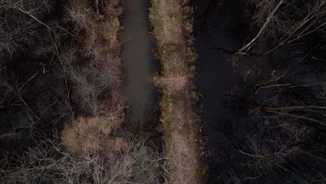 Loosahatchie-river-in-winter,-bare-trees-flanking-the-waterway,-overcast-day,-serene-landscape,-aerial-view