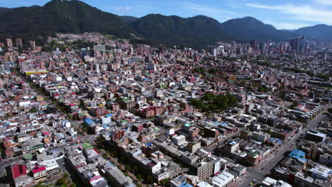 Aerial-View-of-Bogota,-Colombia,-Flying-Above-Residential-Suburbs,-Buildings-and-Streets-in-Chapinero-District