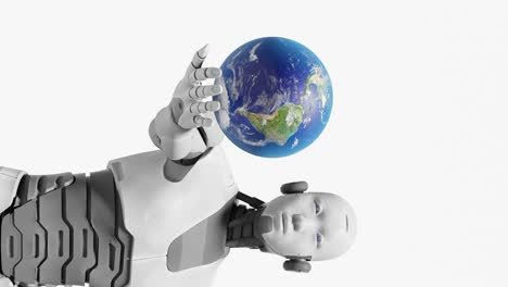 Vertikale-Künstliche-Intelligenz-übernimmt,-Humanoider-Roboter-Prototyp-Hält-Den-Globus-Mit-Der-Erde-über-Seiner-Handfläche