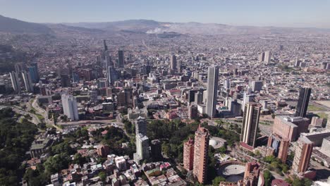 Bogotá-Skyline-from-Monserrate,-Colombia---aerial-flyover