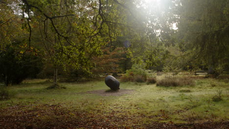 Plano-Amplio-De-árboles-En-El-Arboreto-De-Blackwater-Con-Escultura-De-Madera-De-Una-Bellota-De-Roble-Inglés