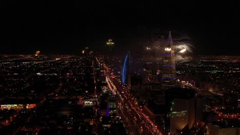 drone-shot-of-fireworks-from-Al-Faisaliyah-Tower-and-other-towers