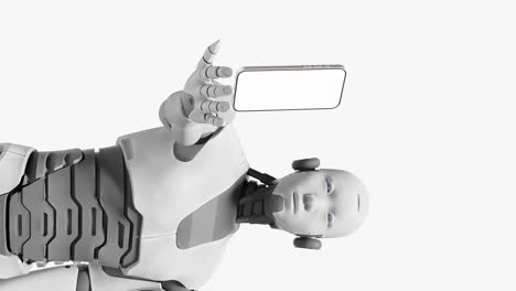 Künstliche-Intelligenz-übernimmt-Das-Konzept,-Humanoider-Roboter-Prototyp-Hält-Auf-Den-Handflächen-Ein-Modernes-Smartphone-Mit-Weißem,-Leerem-Bildschirm