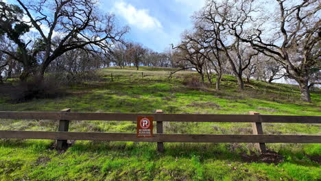 No-Parking-Sign-on-a-Fence-with-Grass-Hillside-and-Woodland-Trees