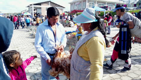 Child-looks-at-plucked-chicken-at-a-market-in-Otavalo,-Ecuador,-with-people-around,-during-daytime