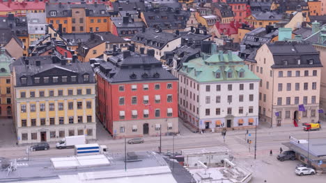 Telephoto-aerial-reveal-shot-of-Old-Town-neighborhood-architecture,-Stockholm