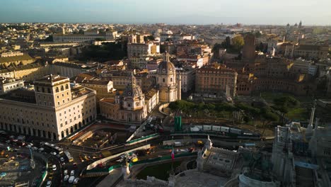 Beautiful-Aerial-View-Above-Trajan's-Forum-and-Domed-Basilicas-in-Rome,-Italy
