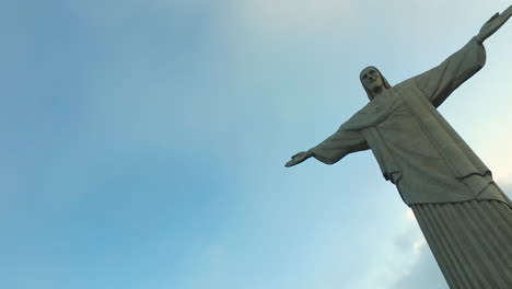 Rio-De-Janeiro,-Brazil,-Christ-The-Redeemer-Landmark,-Massive-Jesus-Statue,-Low-Angle-Pan