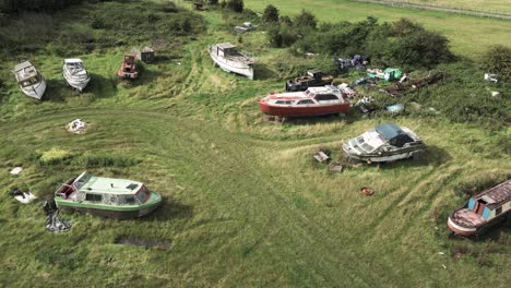 Narrow-boats-and-barge-storage-collection-aerial-view-over-Redhill-marina,-Nottingham