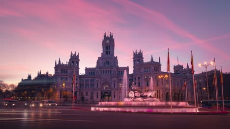 Sonnenaufgang-Zeitraffer,-Madrid-Rathaus,-Casa-De-Correos,-Cibeles-Platz-Und-Brunnen,-Zeitraffer-Von-Nacht-Zu-Tag