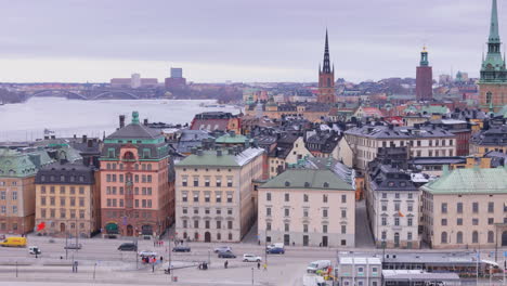 Establishing-trucking-aerial-shot-of-famous-Gamla-Stan-skyline-in-Stockholm