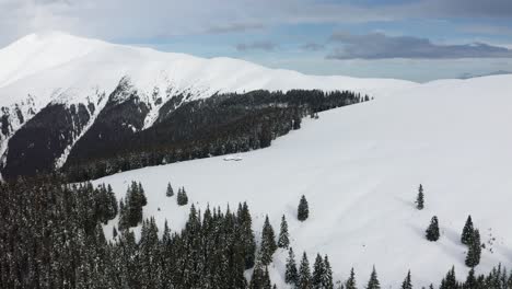 Snowy-Papusa-Peak-in-the-Iezer-Papusa-Mountains,-Romania-with-dense-forests-under-a-cloudy-sky,-aerial-view