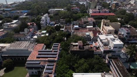 An-aerial-view-of-the-Pondicherry-based-spiritual-community,-Sri-Aurobindo-Ashram-and-Anakula-Vinayagar-Temple