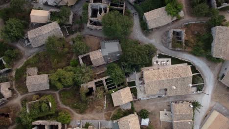 Aerial-Slide-Top-View-over-Old-Perithia-Village-of-Corfu,-Greece