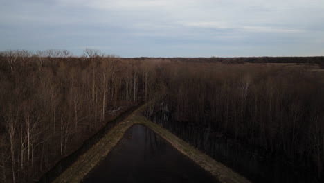 A-serene-pathway-in-loosahatchie-park,-tennessee,-with-barren-trees,-aerial-view