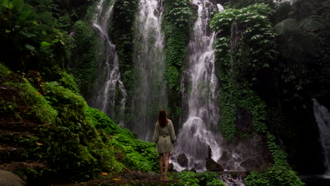 Rear-dolly-out-of-female-traveler-looking-up-at-scenic-Banya-Wana-Amertha-falls