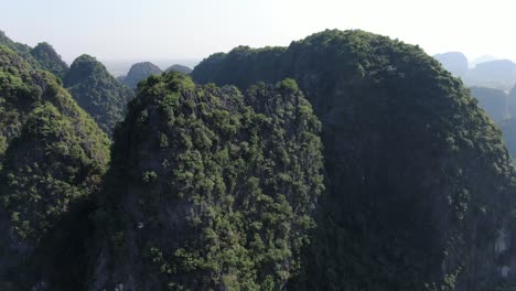 Drone-aerial-view-in-Vietnam-turning-around-green-trees-rocky-mountains-over-a-wide-brown-river-in-Ninh-Binh-on-a-sunny-day