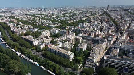 Buildings-in-modern-neighborhood-along-Seine,-Paris-cityscape,-France