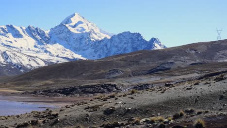 Pan-across-high-altiplano-landscape-in-snow-capped-Bolivian-Andes-mtns,-Huayna-Potosi