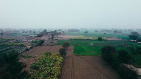 Nebligen-Morgen-Luftaufnahme-Von-üppigen-Pakistanischen-Ackerland,-Mit-Feldern-Mit-Unterschiedlichen-Nutzpflanzen,-Dunstiger-Himmel