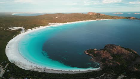 Lucky-Bay-aerial-panorama-at-sunset,-Cape-Legrand-National-park-in-Western-Australia
