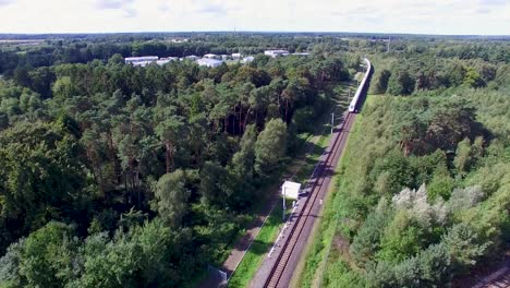 A-high-speed-train-cruising-through-a-lush-green-forest-in-daylight,-aerial-view
